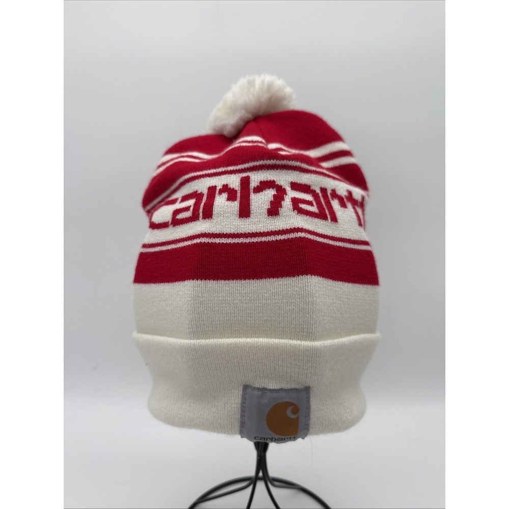 Carhartt Knit PomPom Cuffed Logo Beanie Red & White Stocking‎ Hat New